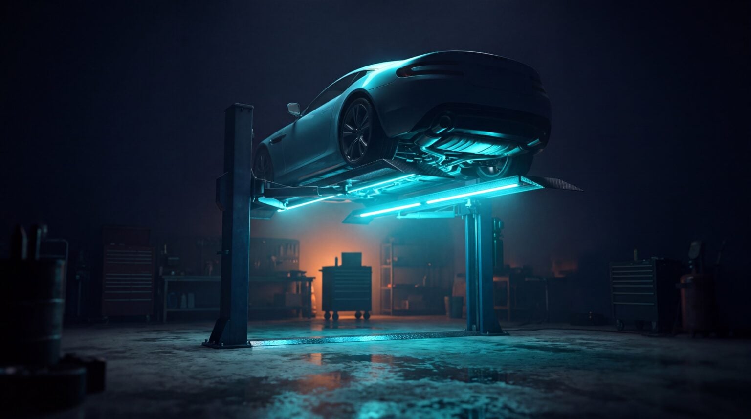 WordPress-Wartung als Auto auf einer cyan leuchtenden Hebebühne in dunkler Werkstatt – Symbolbild für regelmäßige Inspektion.